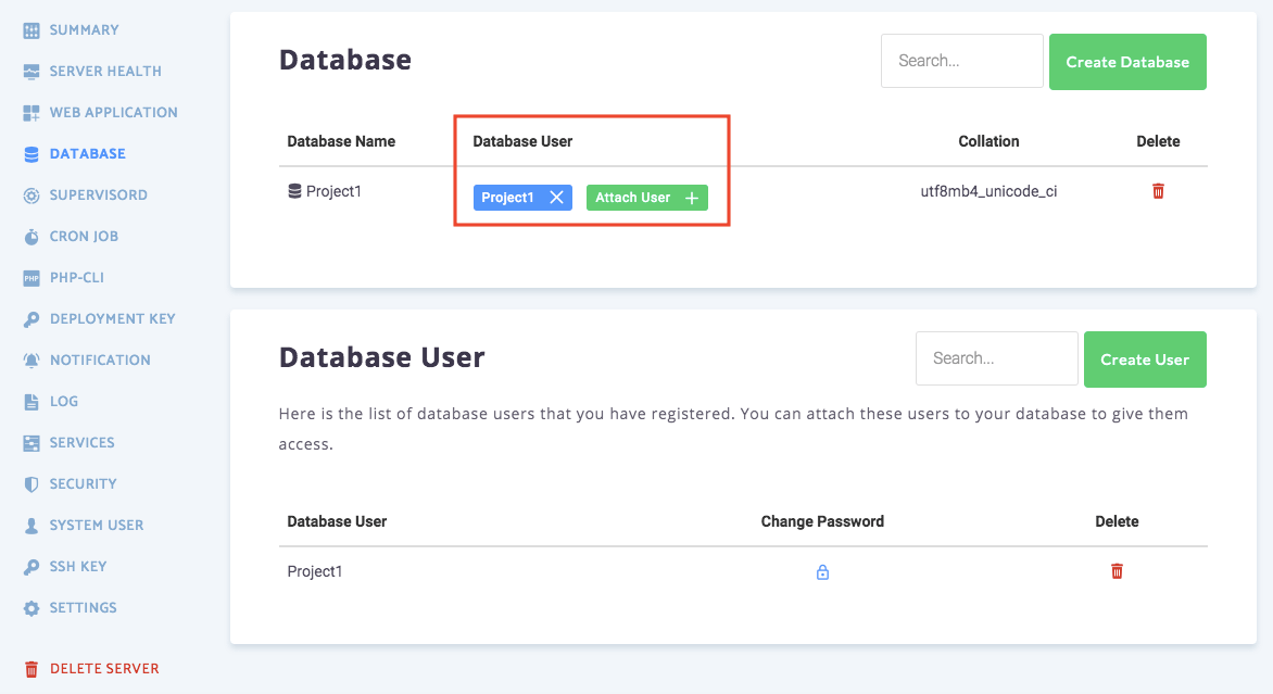 RunCloud 指派 User 至 Database