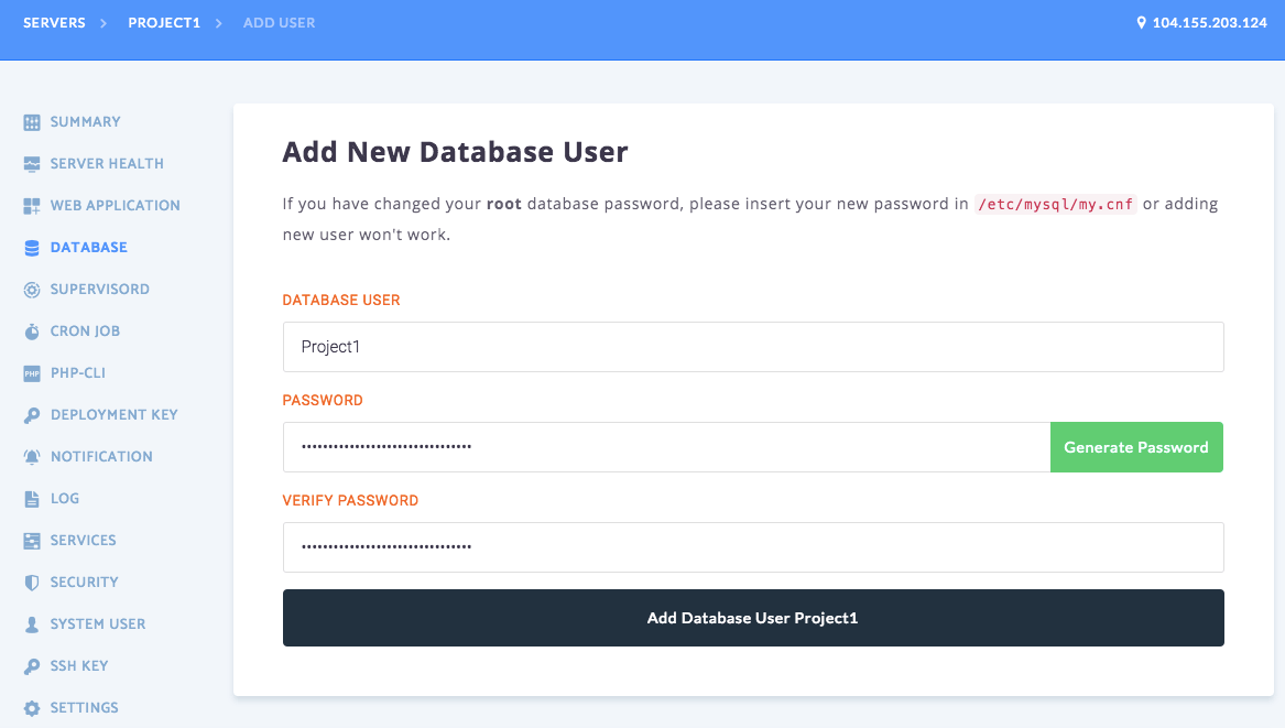 RunCloud 建立 Database User