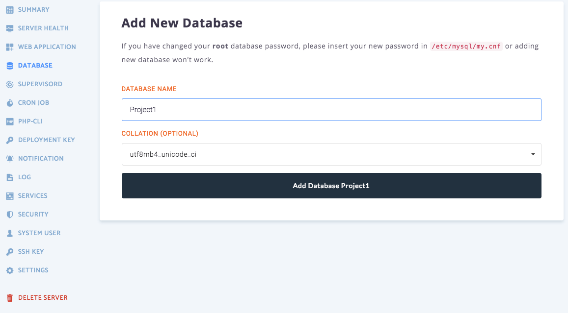 RunCloud 建立新 Database