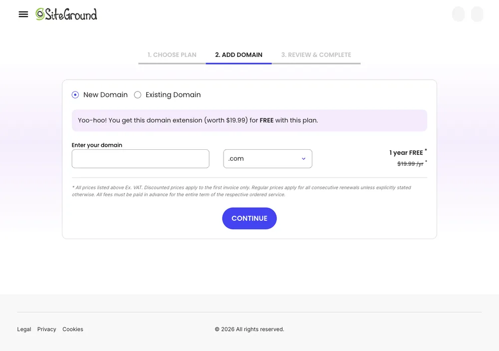 SiteGround 主機評價 - 首購優惠折扣購買 WordPress 官方推薦虛擬主機,完整優缺點費用評價與測試心得 3 TechMoon 截圖|SiteGround 結帳流程網域選擇步驟