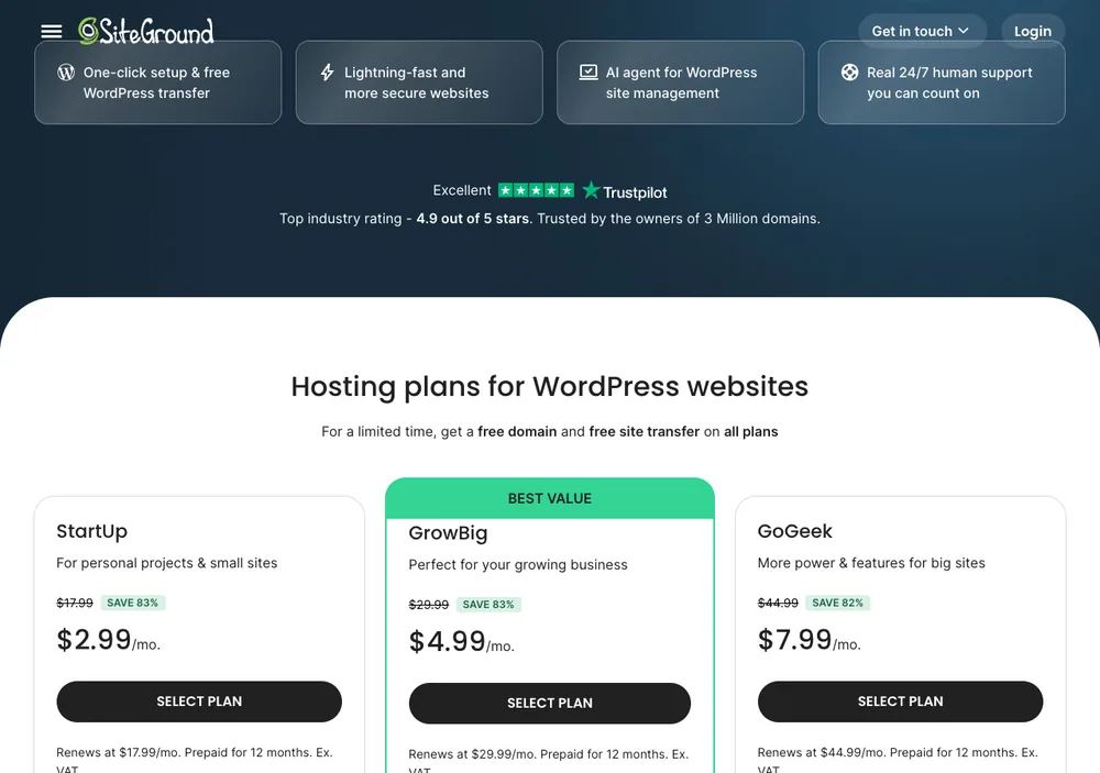 SiteGround 主機評價 - 首購優惠折扣購買 WordPress 官方推薦虛擬主機,完整優缺點費用評價與測試心得 2 TechMoon 截圖|SiteGround WordPress 主機三方案價格比較