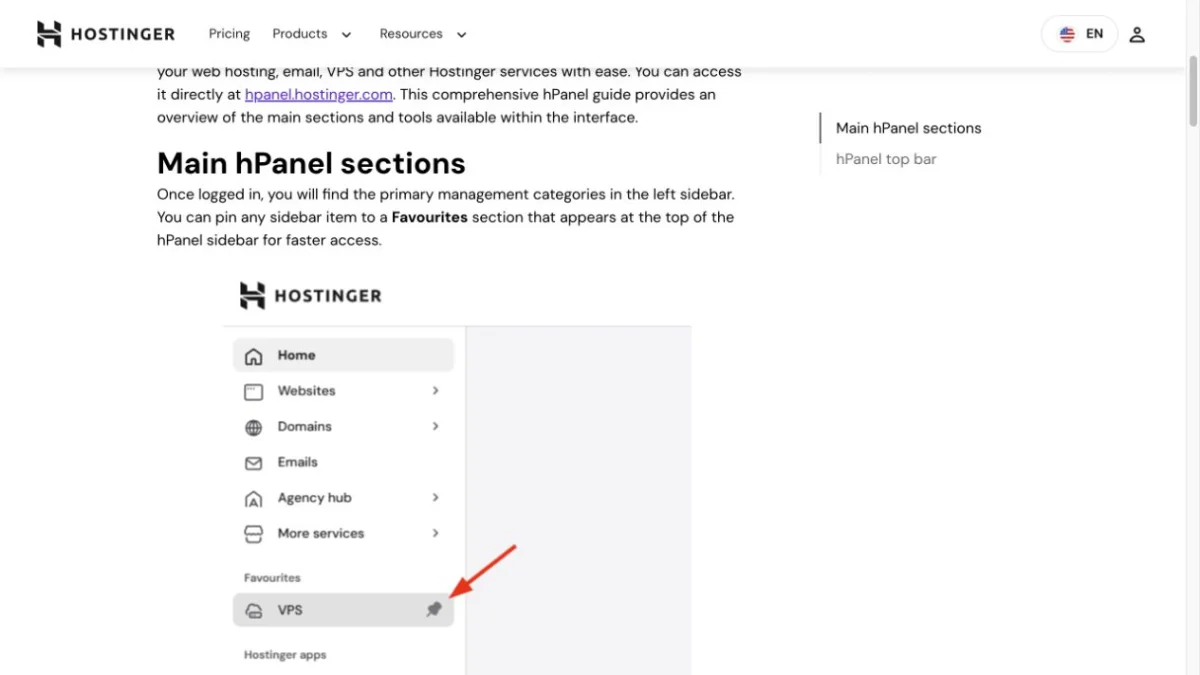Hostinger 官方 hPanel 導覽頁與網站、網域、Email 等主要入口示意