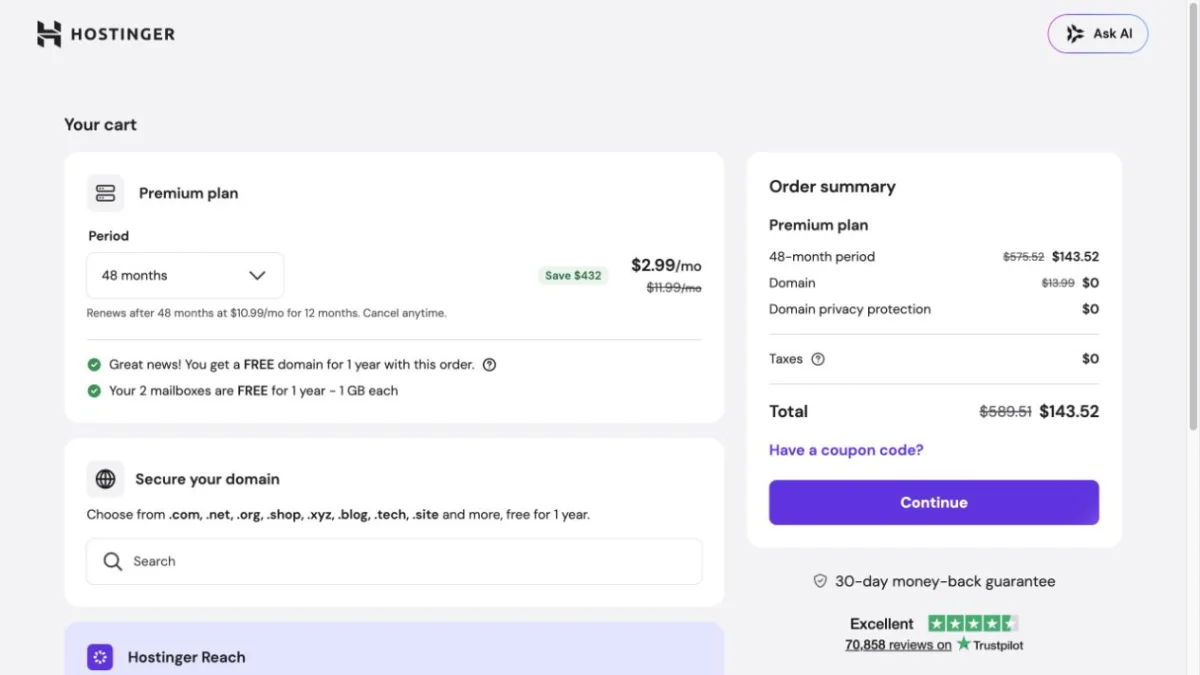 Hostinger Premium 公開購物車的 48 個月期間、預付總額與續約資訊