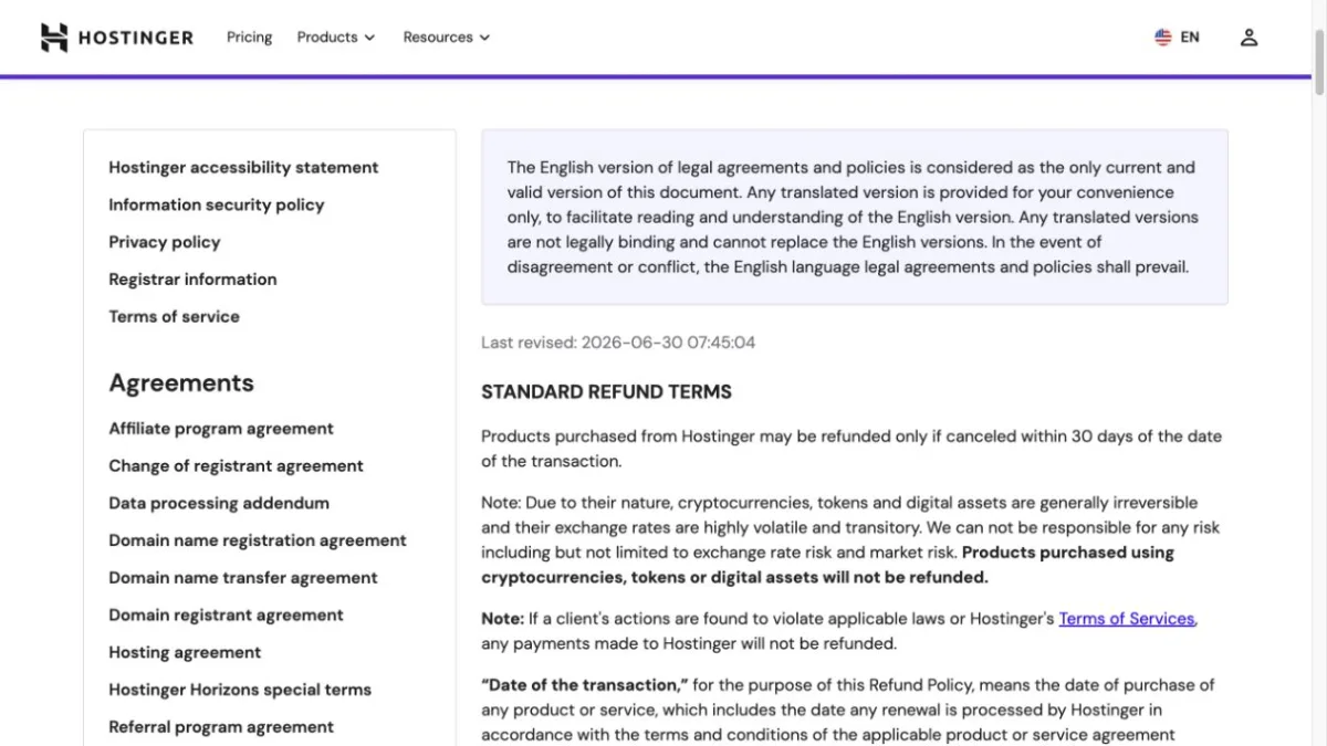 Hostinger 英文退款政策的修訂日期與 30 天標準退款條款