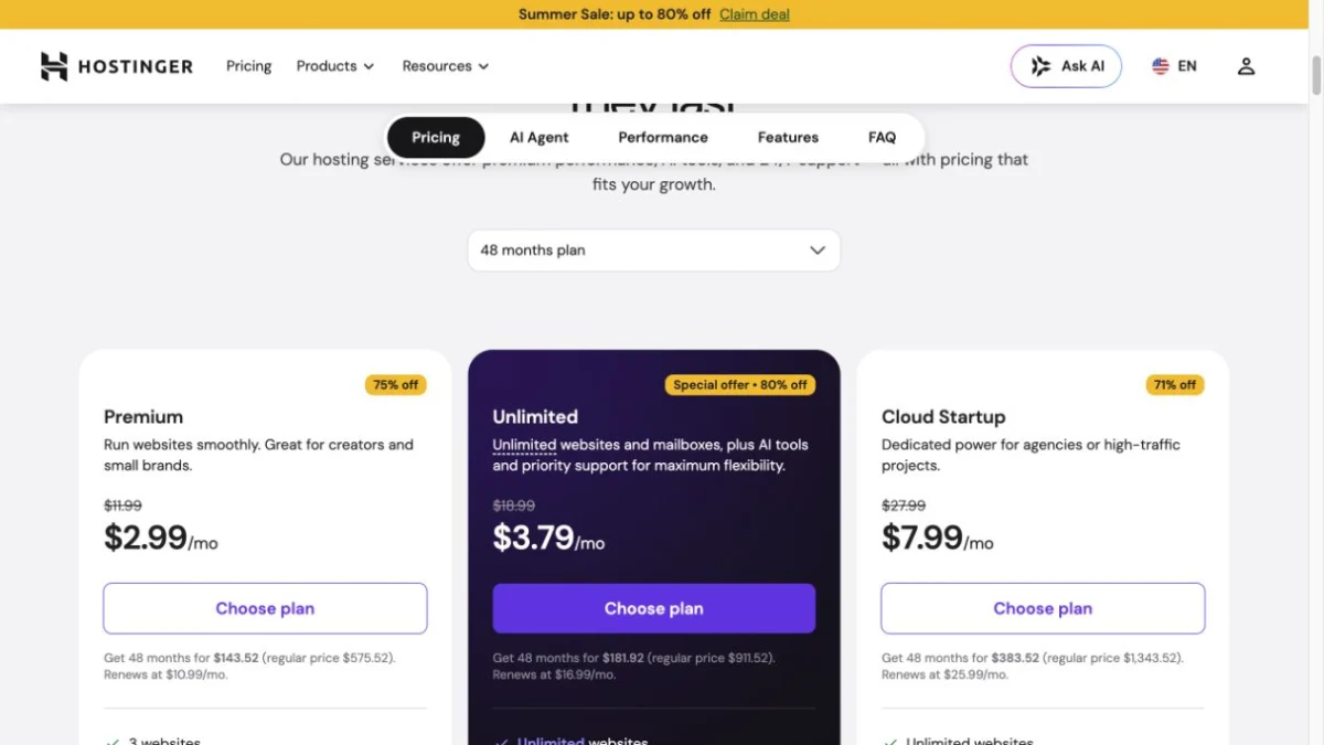 WordPress 主機推薦 2026|續約費用與選擇指南 2 Hostinger WordPress Hosting 三個方案的 48 個月月均價、預付總額與續約價