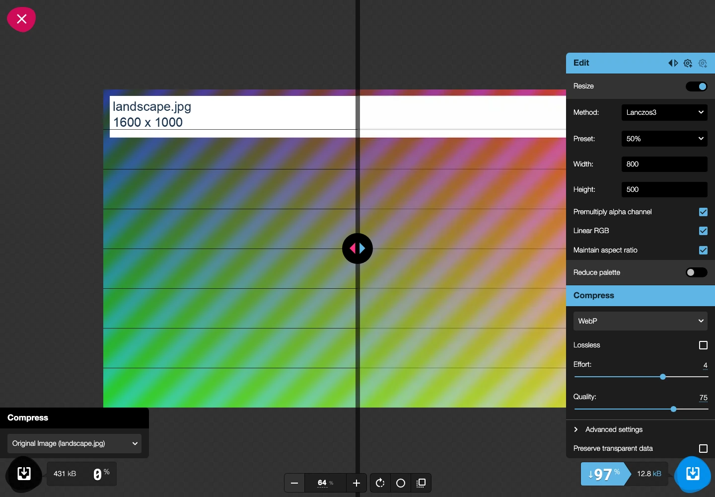 Squoosh 圖片壓縮教學,預覽後再下載 3 Squoosh 啟用 Resize,寬度 800、高度 500,Maintain aspect ratio 保持勾選
