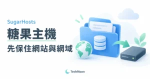 糖果主機網站救援概念圖，以資料夾、資料庫、地球與備份硬碟呈現網站資料和網域控制