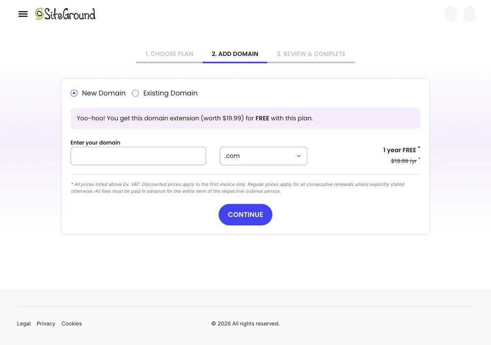 TechMoon 截圖｜SiteGround 註冊流程 ADD DOMAIN 步驟，選擇新網域或既有網域
