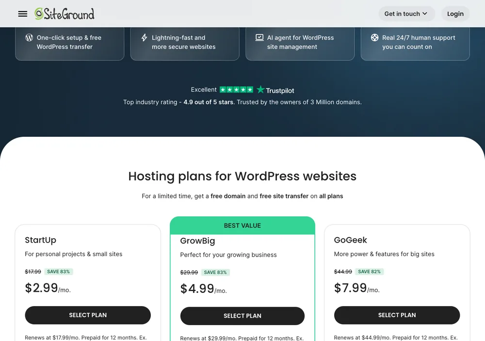 TechMoon 截圖｜SiteGround WordPress 主機三方案 StartUp GrowBig GoGeek 首購月費 2.99 4.99 7.99 美元