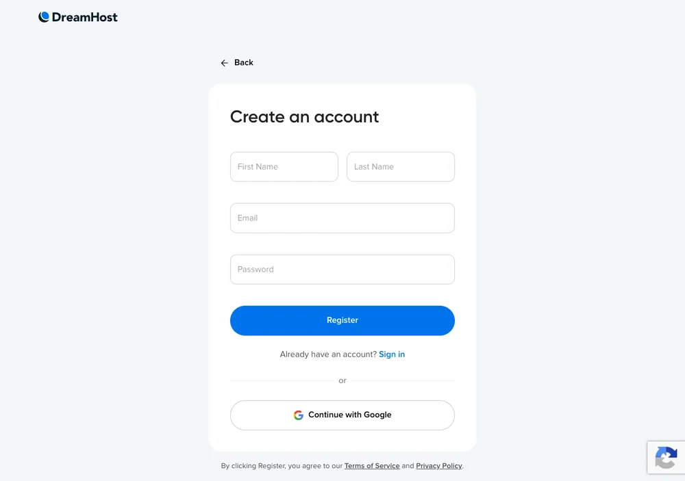 TechMoon 截圖｜DreamHost 建立帳戶註冊表單（姓名、Email、密碼欄位）