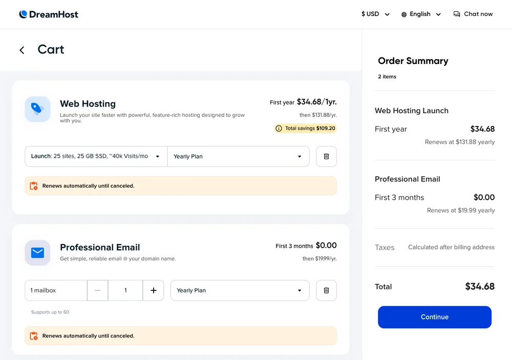 TechMoon 截圖｜DreamHost 結帳購物車（Web Hosting 首年 $34.68、續約 $131.88/年）