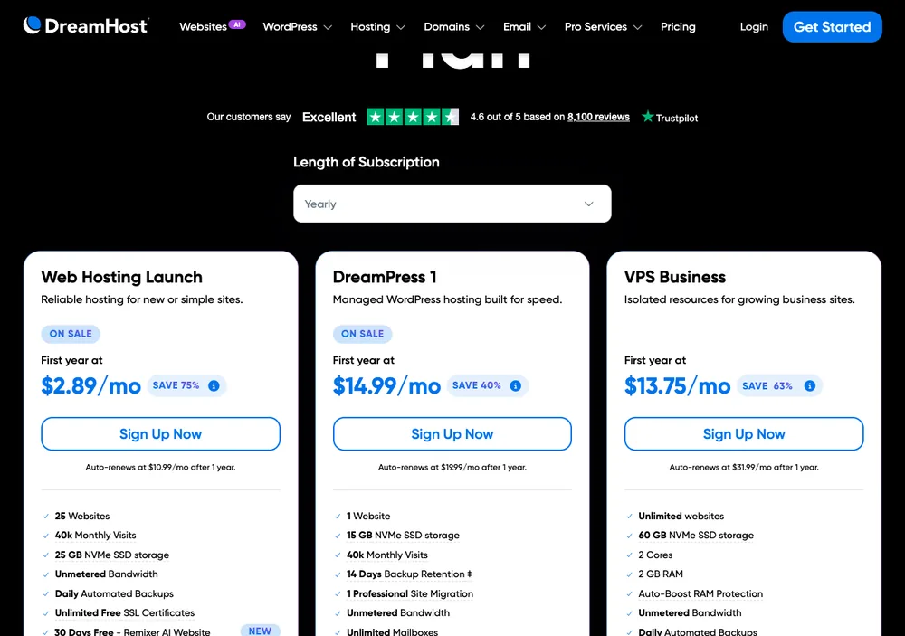 TechMoon 截圖｜DreamHost 主機方案價格比較（Launch、DreamPress、VPS 月費與續約價）
