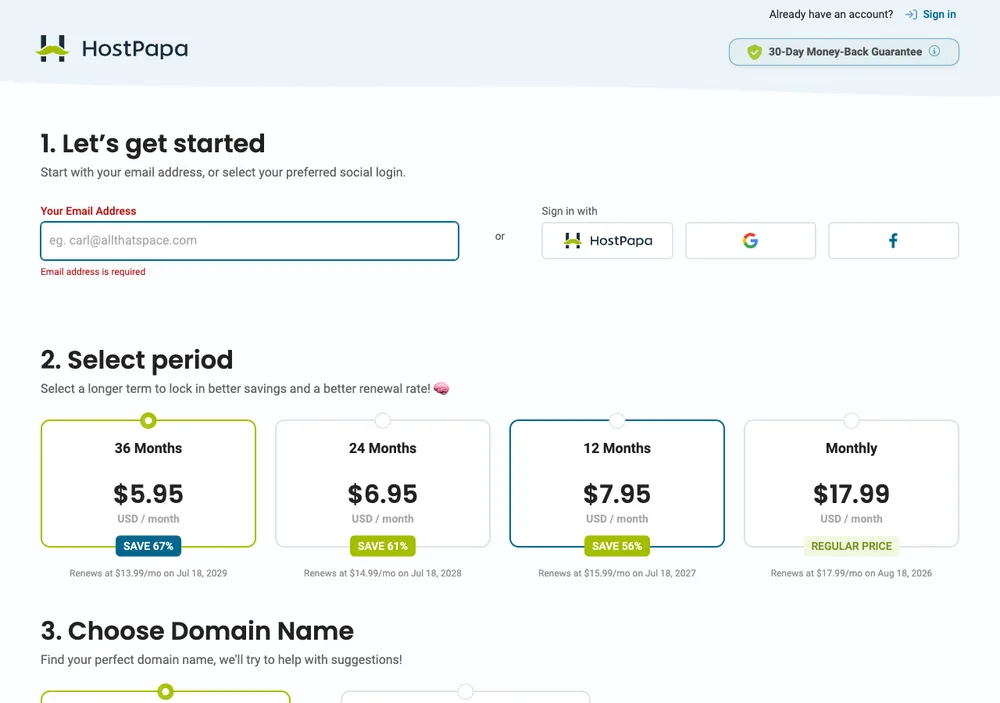 HostPapa 主機評價:加拿大綠能主機方案、優缺點與 WordPress 架站教學 3 TechMoon 截圖|HostPapa 結帳註冊頁電子郵件與計費週期