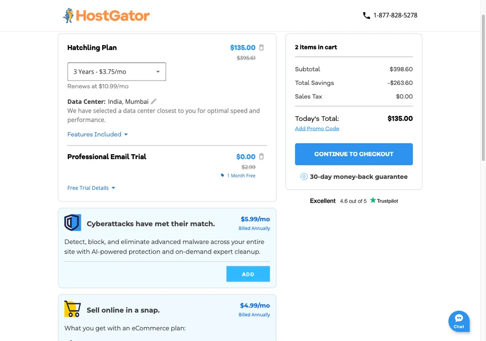 TechMoon 截圖｜HostGator Hatchling 方案三年期結帳摘要