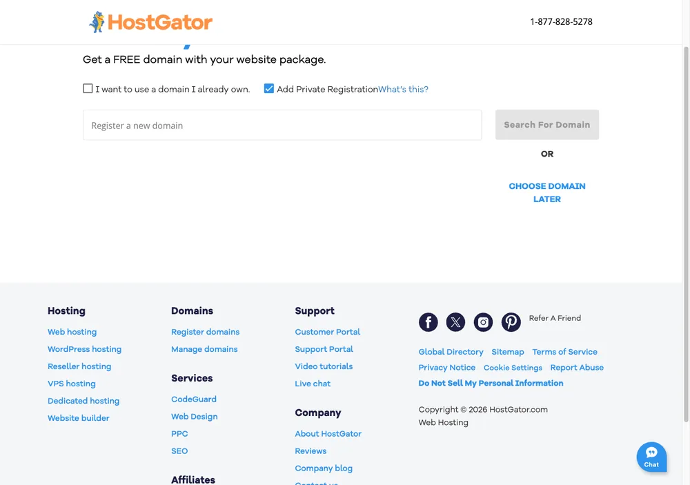 TechMoon 截圖｜HostGator 結帳流程的免費網域選擇步驟