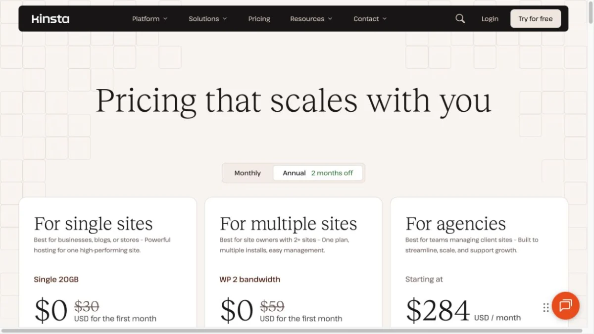 WordPress 主機推薦 2026|續約費用與選擇指南 4 Kinsta WordPress 主機單站、多站與 Agency 年繳方案畫面