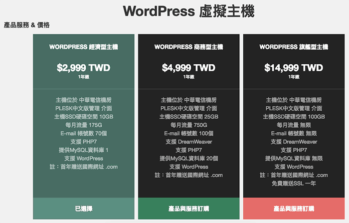 戰國策 WordPress 虛擬主機價目表