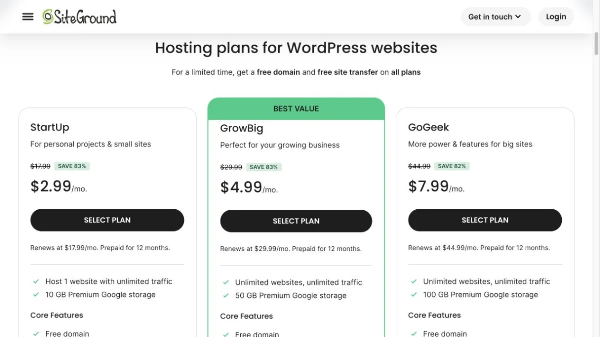 WordPress 主機推薦 2026|續約費用與選擇指南 3 SiteGround WordPress Hosting 三個方案的促銷價、續約價與 12 個月預付條件