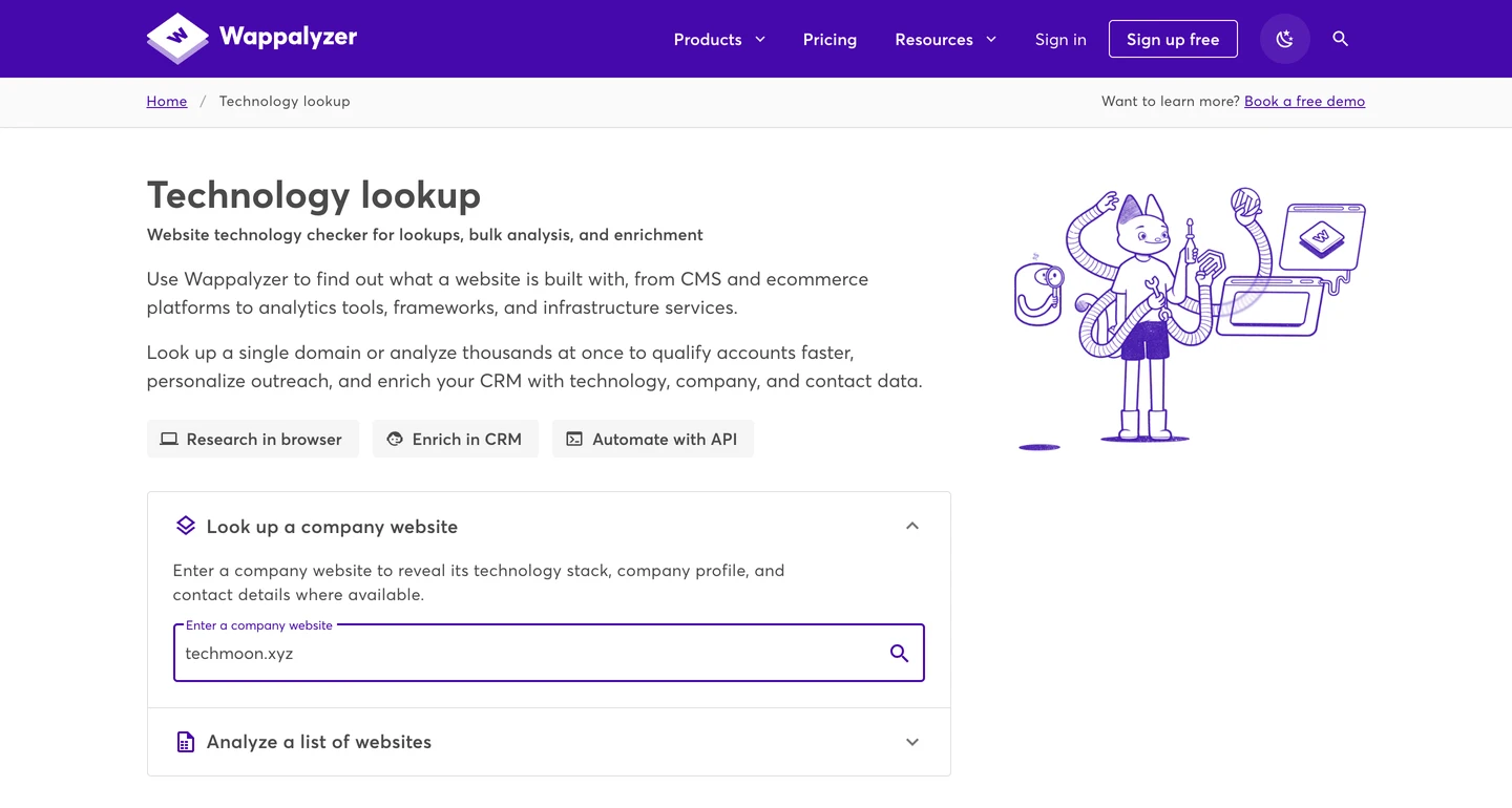 Wappalyzer Technology lookup 頁面，單一網站欄位已填入 techmoon.xyz，右側有搜尋圖示