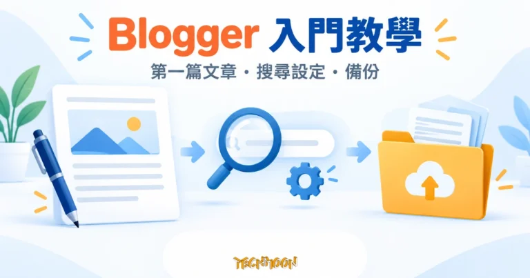 Blogger 入門教學:第一篇文章、搜尋設定與備份 8 Blogger 文章頁面、搜尋放大鏡與備份資料夾的概念示意圖