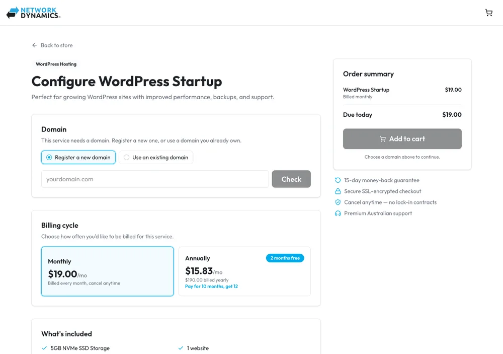 TechMoon 截圖｜WP Hosting Australia WordPress Startup 結帳設定頁