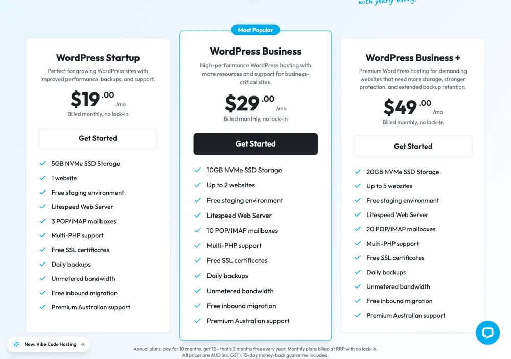 TechMoon 截圖｜WP Hosting Australia WordPress 主機三方案月費比較