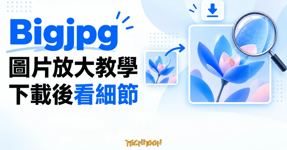 Bigjpg 圖片放大教學,下載後確認尺寸與細節 1 Bigjpg 圖片放大教學概念圖,以大小圖片、放大鏡與下載圖示表示輸出檢查