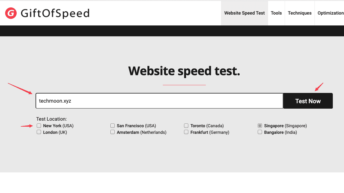 輸入檢測網址後，選擇離你網站服務對象最近的測試伺服器位置