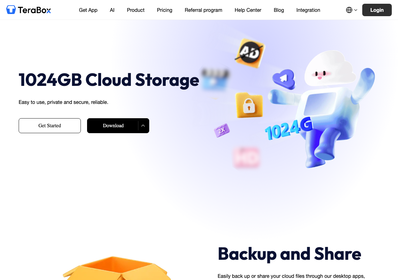TeraBox官網首頁顯示1024GB Cloud Storage與登入入口