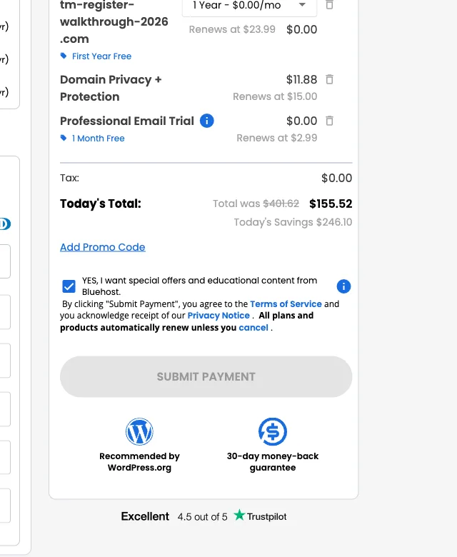 Bluehost 結帳頁訂單摘要，顯示 Domain Privacy、Professional Email Trial、今日總額與續約價