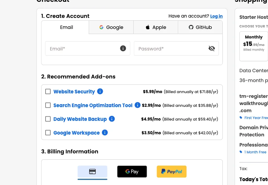 Bluehost WordPress 教學:從購買、安裝到網站上線的完整流程(2026) 4 Bluehost 結帳頁的建立帳號區,填入 Email 與密碼