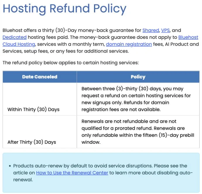Bluehost WordPress 教學:從選方案到網站上線 4 Bluehost 官方退款政策列出月繳、Cloud Hosting、網域與額外服務的排除條件