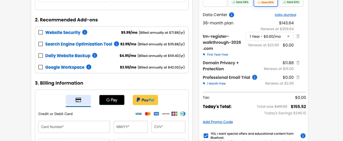 Bluehost WordPress 教學:從購買、安裝到網站上線的完整流程(2026) 5 Bluehost 結帳頁的推薦加購區,列出 SEO Tool、Daily Backup、Google Workspace 等項目