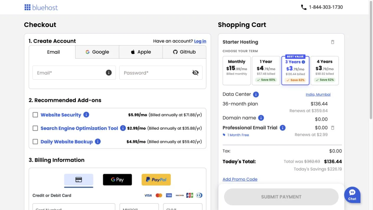 Bluehost WordPress 教學:從選方案到網站上線 3 Bluehost Starter 三年購物車顯示136.44美元、續約359.64美元,以及獨立續約的信箱試用