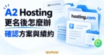A2 Hosting 更名為 hosting.com 的概念插畫，以服務文件、帳單與月曆提醒確認原方案及續約