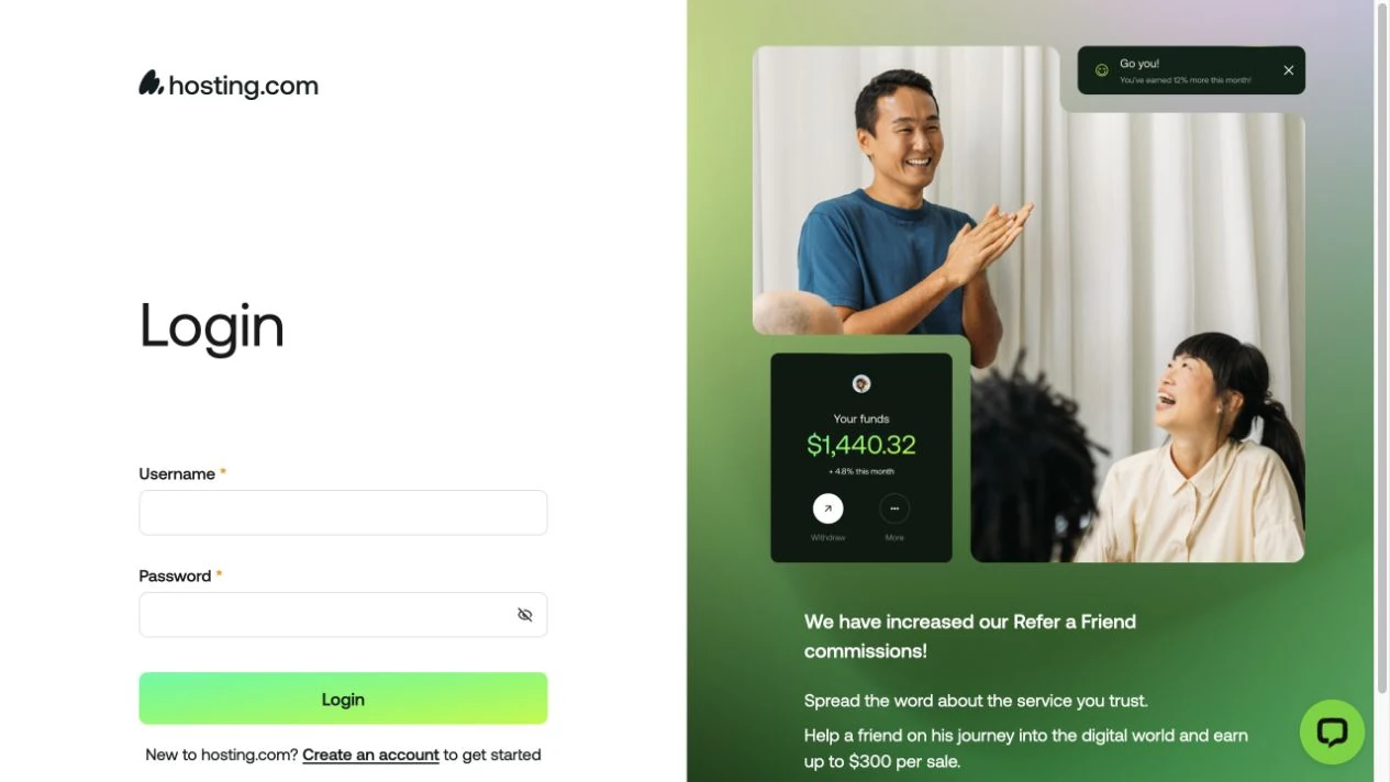 hosting.com 官方客戶登入頁，顯示空白 Username、Password 欄位與 Login 按鈕