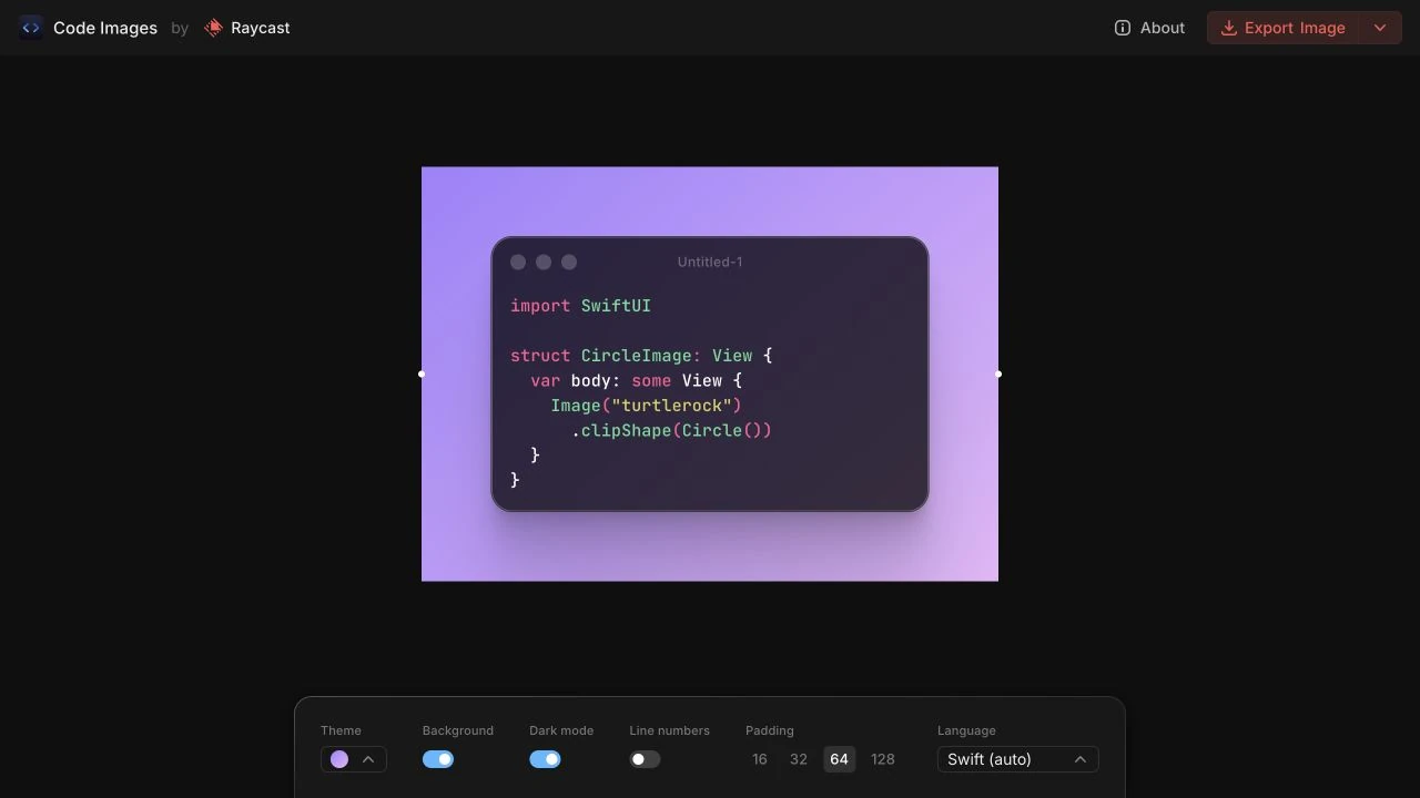 Ray.so 程式碼轉圖片教學:設定外觀與匯出分享 2 Ray.so 官方編輯器顯示 SwiftUI 範例,下方可調整背景、行號、Padding 與語言