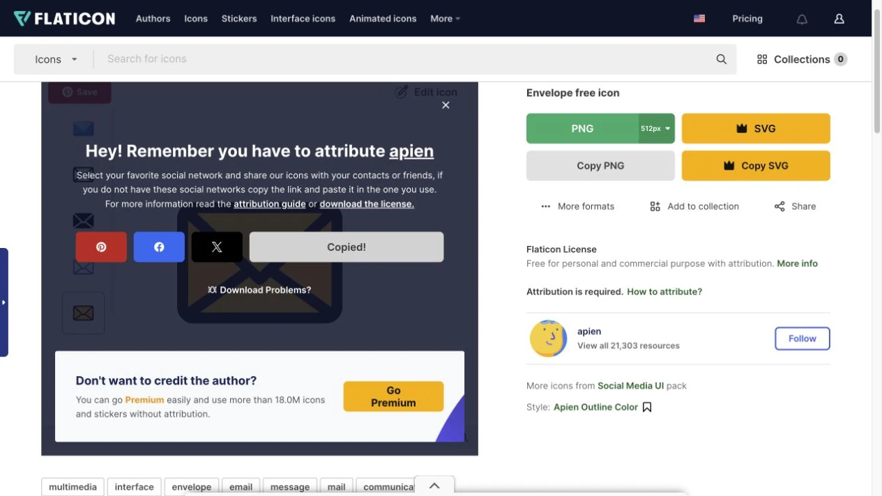 Flaticon 免費下載後提醒署名作者apien，Copy link欄位顯示Copied並提供授權文件