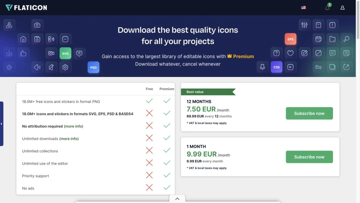 Flaticon Premium 顯示月繳9.99 EUR，年繳89.99 EUR每12個月，折算每月7.50 EUR