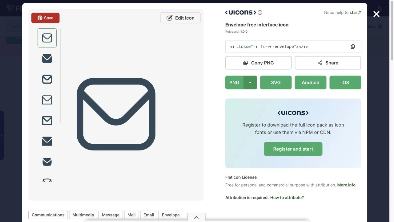 Uicons Envelope 圖示提供SVG、PNG、Android及iOS入口，下方顯示下載完整圖示包的註冊提示