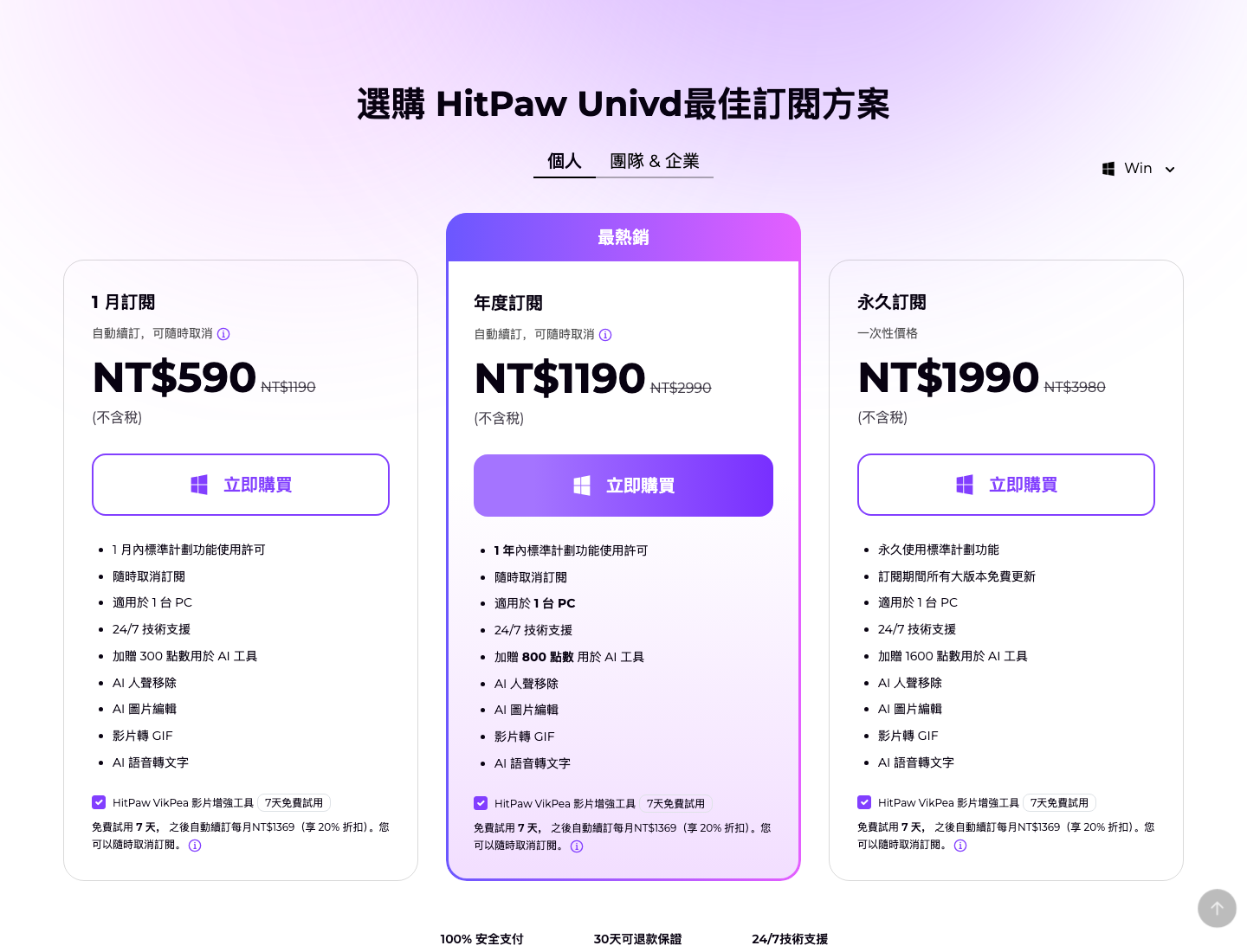 HitPaw Video Converter/Univd:試用與訂閱須知 2 HitPaw Univd Windows月年永久三方案,下方均勾選VikPea七天試用並註明每月NT1369續訂