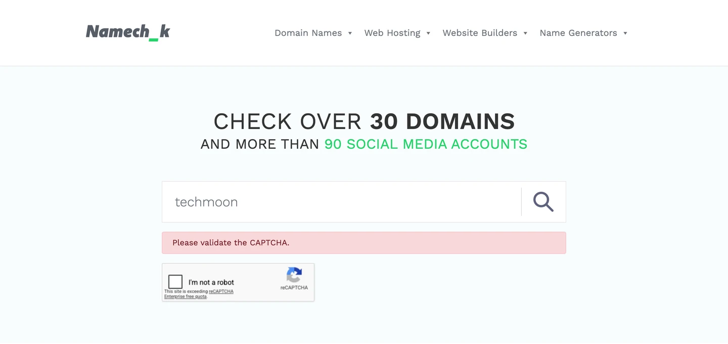 Namechk 搜尋欄輸入 techmoon 後，顯示 Please validate the CAPTCHA，尚未出現可用性結果