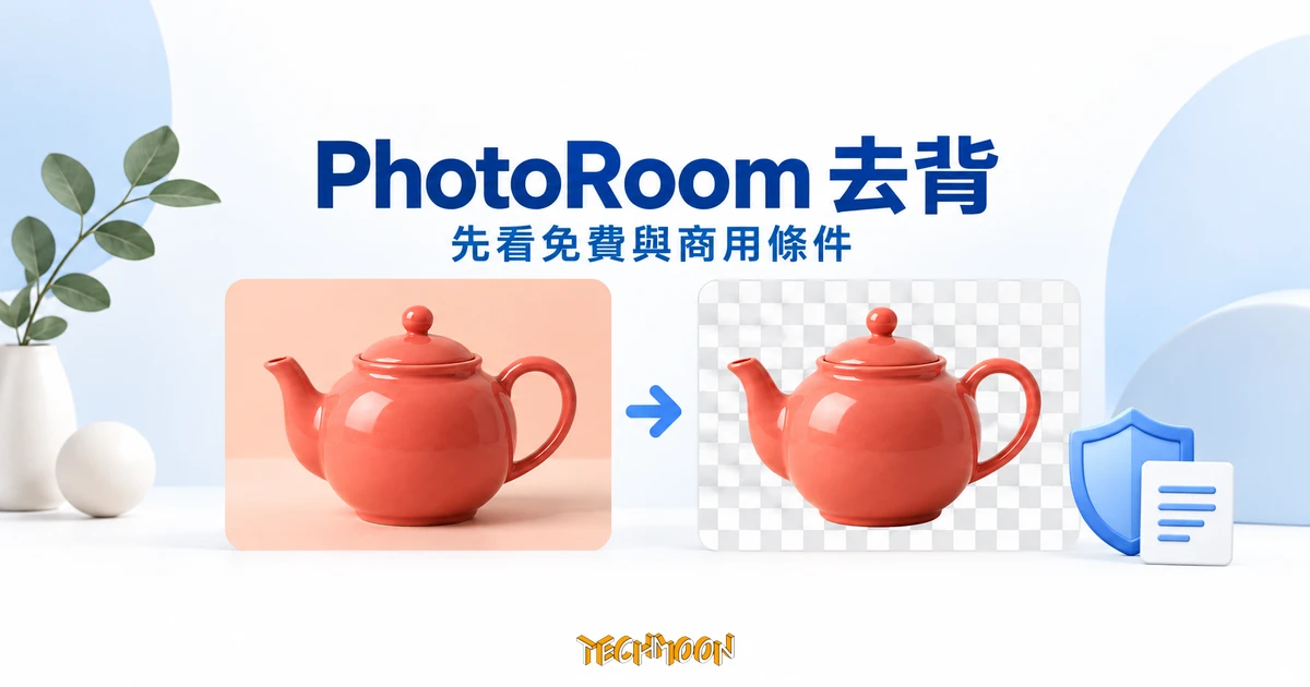PhotoRoom 去背教學:免費額度、商用限制與圖片隱私 1 PhotoRoom 去背概念圖,珊瑚色茶壺搭配原圖與透明棋盤格卡片、箭頭及使用條件圖示