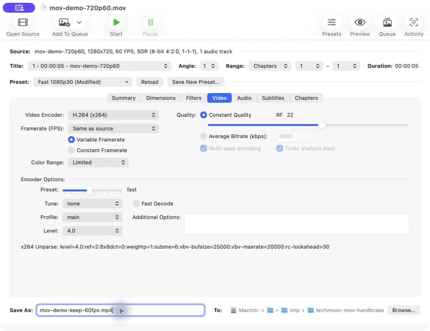 HandBrake Video 設為 H.264、Same as source 與 Variable Framerate，另存新的 MP4