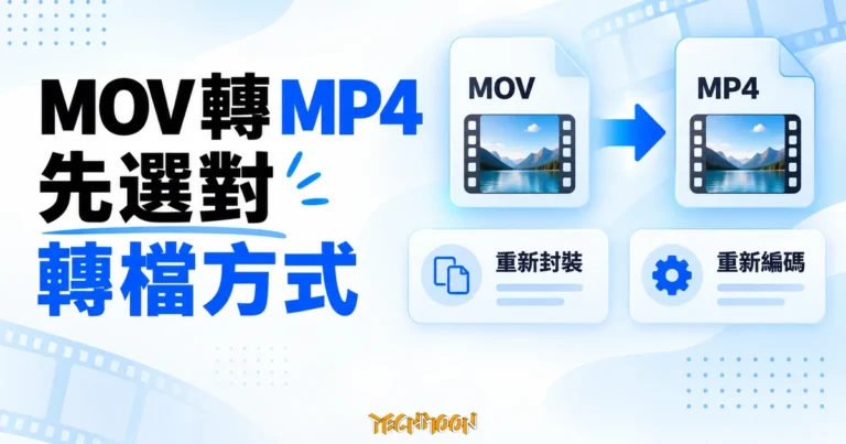 MOV 轉 MP4 教學:免費轉檔與保留畫質 4 MOV 與 MP4 檔案示意,分為重新封裝與重新編碼兩種轉檔方式