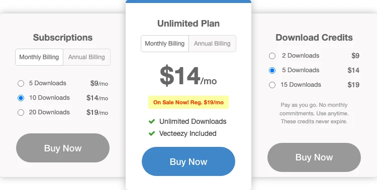 Brusheezy 筆刷教學:下載與匯入前先看懂商用授權 3 Brusheezy 的 Subscriptions、Unlimited Plan 與 Download Credits 方案卡