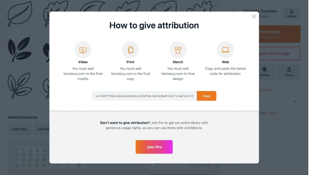Vecteezy 免費圖庫:找素材、看懂商用授權 4 Vecteezy 的 How to give attribution 視窗,列出影片片尾、印刷成品與網頁連結的署名方式