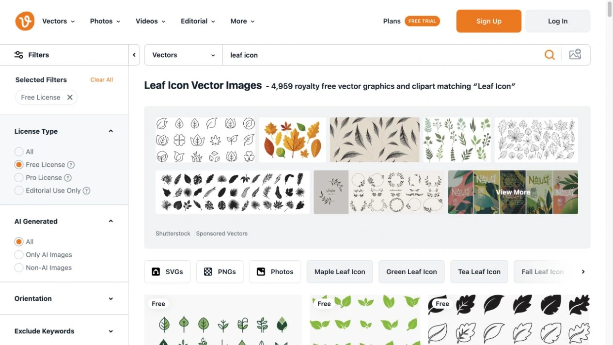 Vecteezy 免費圖庫:找素材、看懂商用授權 2 Vecteezy 搜尋 leaf icon 並勾選 Free License,上方仍顯示 Shutterstock Sponsored Vectors 贊助區