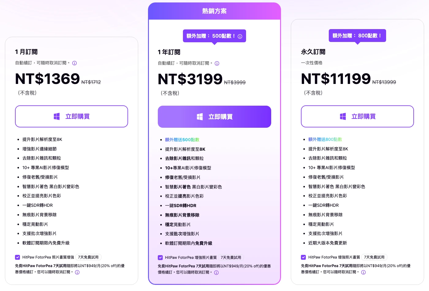 HitPaw VikPea 免安裝怎麼選?線上與桌面版比較 3 VikPea Windows 月年永久方案卡,列未稅價格及預選 FotorPea 七天試用與後續月費