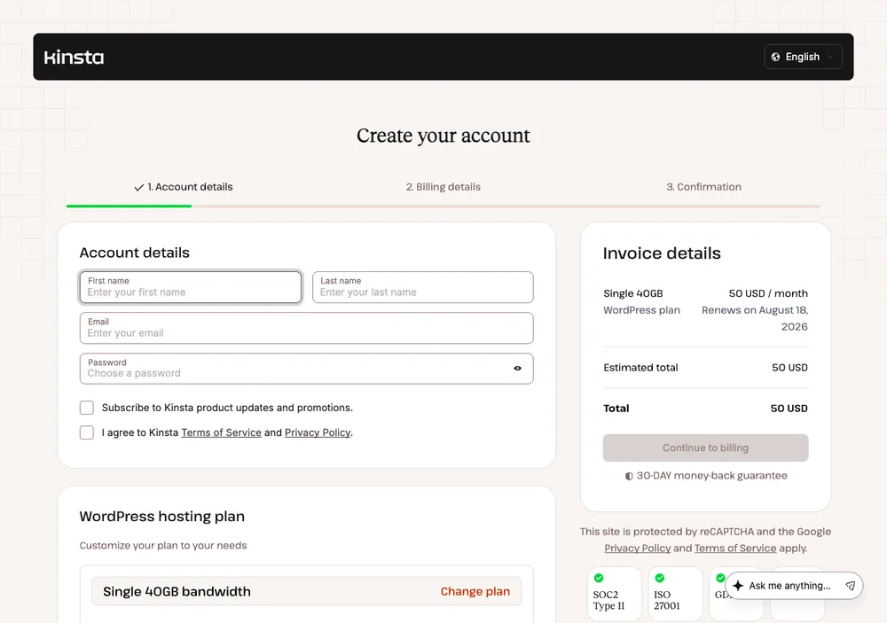 Kinsta 主機教學:WordPress 高品質主機評價,購買主機+架設 WordPress 完整教學 3 TechMoon 截圖|Kinsta 註冊帳號頁面,填入姓名 Email 與密碼,右側顯示 Single 40GB 方案每月 50 美元